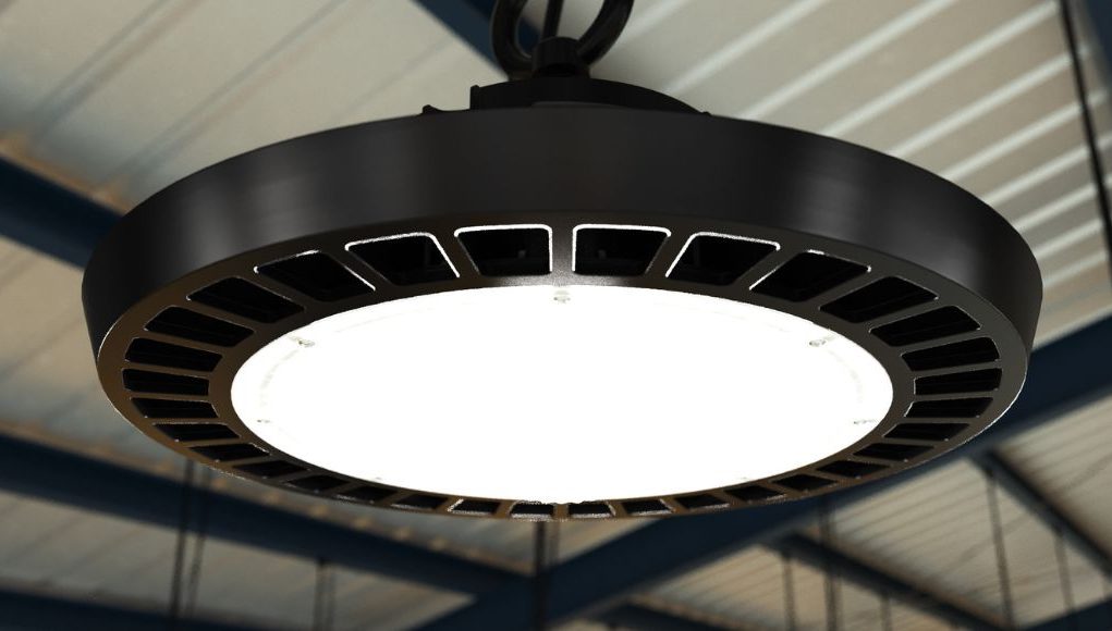 A high bay light with a warehouse background.
