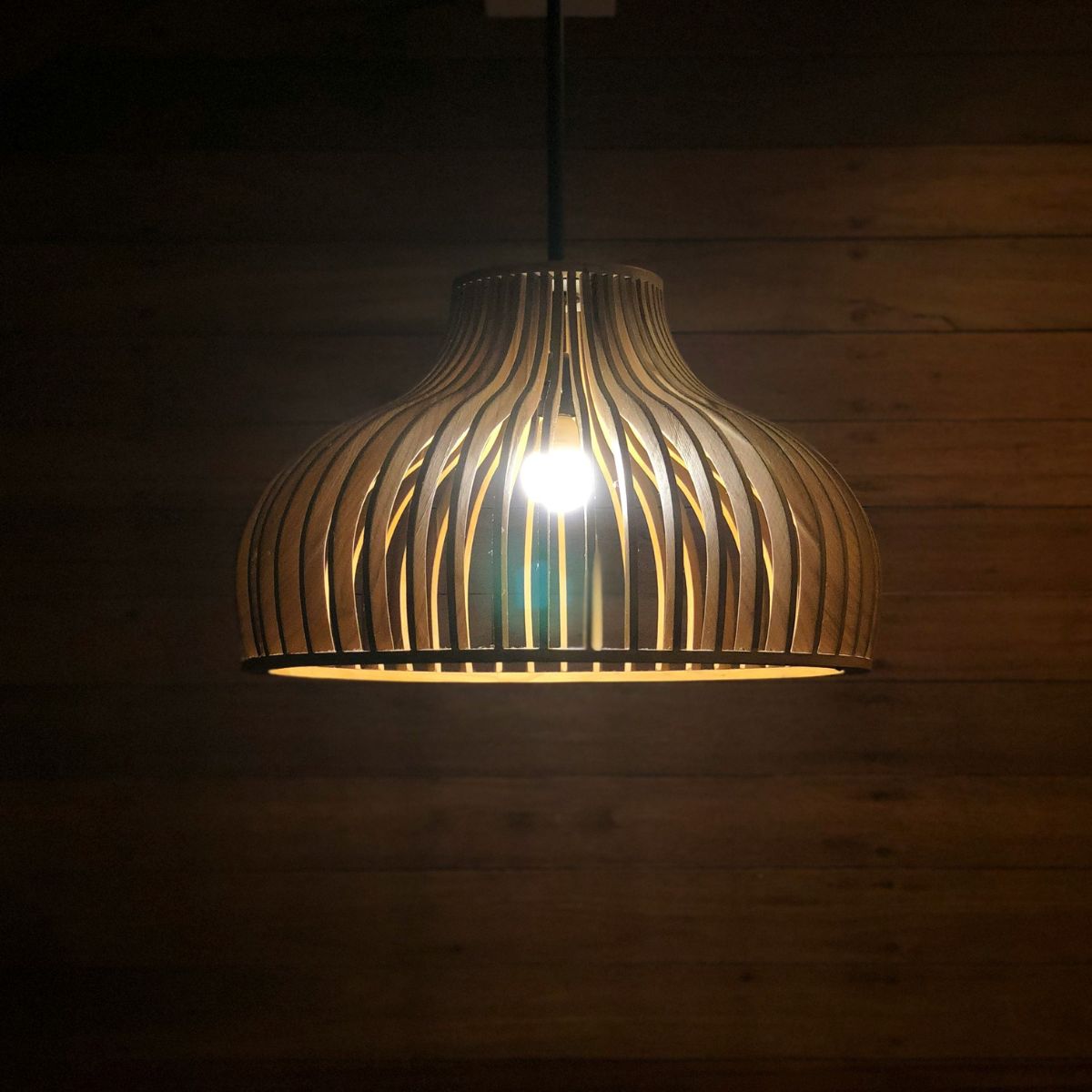 A bright light bulb fitted into a pendant fixture.