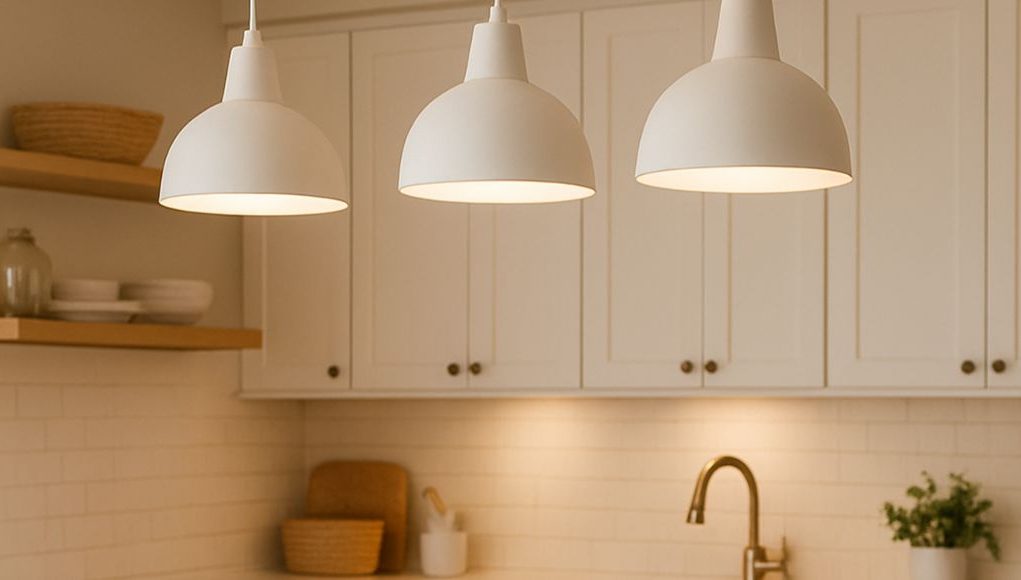What is the Brightest A-Rated LED Bulb hero Three white pendant lights with warm white light in a modern kitchen with light walls and fixtures.