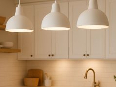 What is the Brightest A-Rated LED Bulb? Three white pendant lights with warm white light in a modern kitchen with light walls and fixtures.