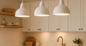 Three white pendant lights with warm white light in a modern kitchen with light walls and fixtures.