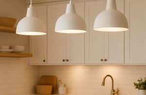 What is the Brightest A-Rated LED Bulb? Three white pendant lights with warm white light in a modern kitchen with light walls and fixtures.