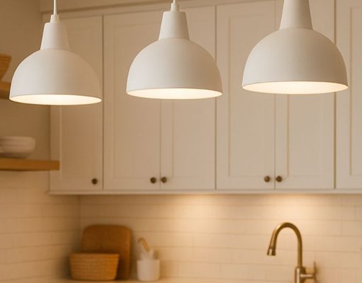 What is the Brightest A-Rated LED Bulb? Three white pendant lights with warm white light in a modern kitchen with light walls and fixtures.