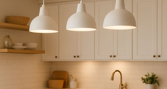 Three white pendant lights with warm white light in a modern kitchen with light walls and fixtures.