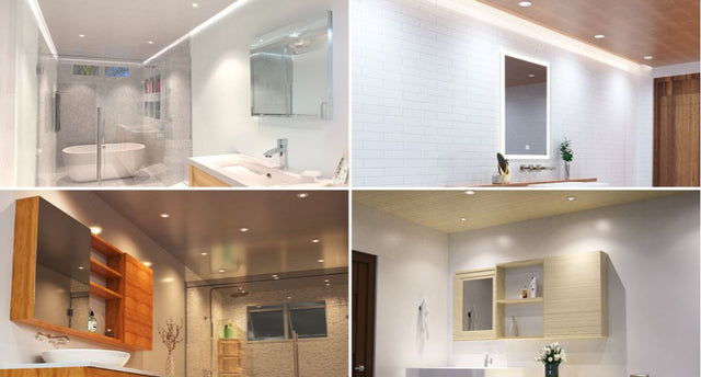 Split image of four modern bathrooms with different bathroom lights installed.