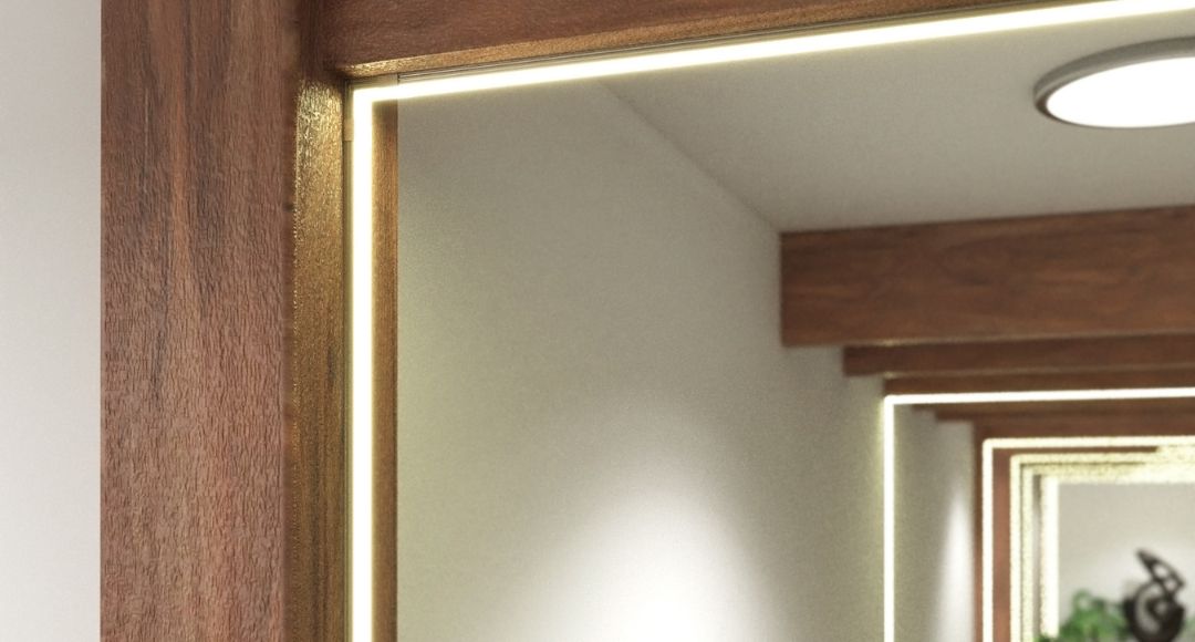A close up on an LED strip light installation on a wall beam.