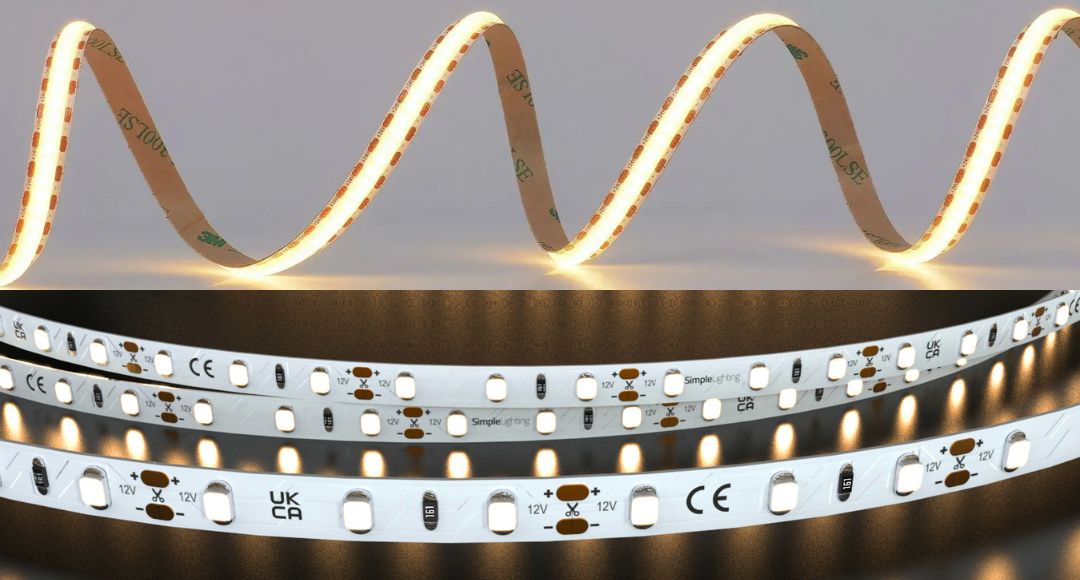 A split image with top showing a COB strip, and the bottom showing SMD strips.