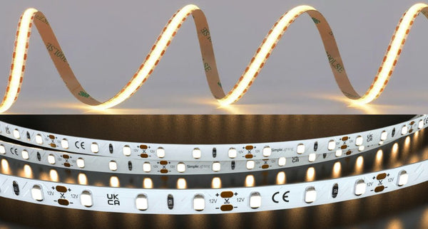 A split image with top showing a COB strip, and the bottom showing SMD strips.