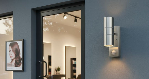 Wall light mounted in front of a hair salon