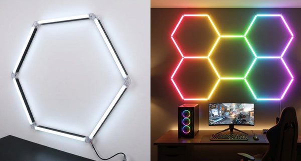A split image of a single cool white hexagon light and a 5-hex RGB hexagon light setup.