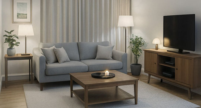 A modern living room with multiple lamps as sources of light.