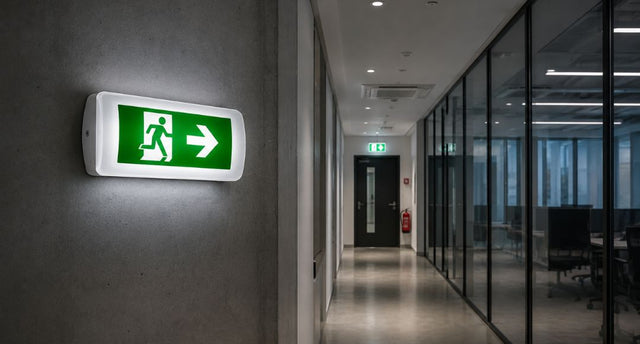 An office hallway with a backlit emergency exit sign on one side of the wall and at the far end side.