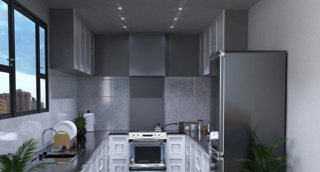 kitchen with properly-spaced LED downlights