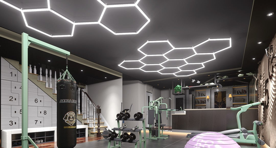 Gym with hexagon ceiling lights
