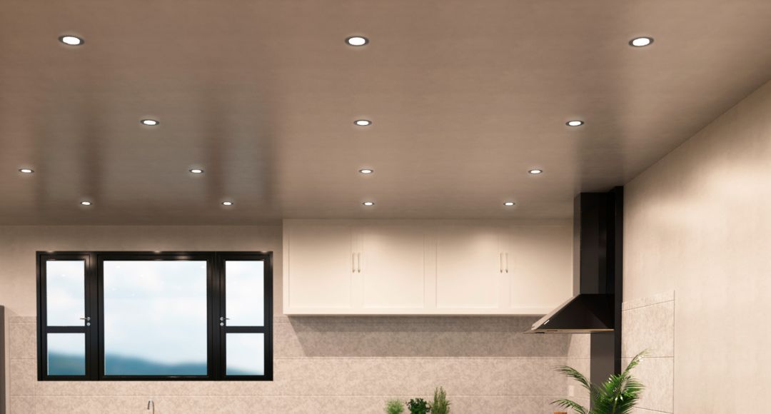 A modern home's ceiling installed with multiple LED downlights.