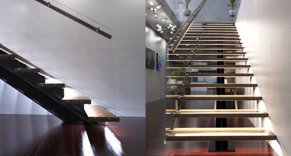 Split image of different angles of an illuminated staircase.