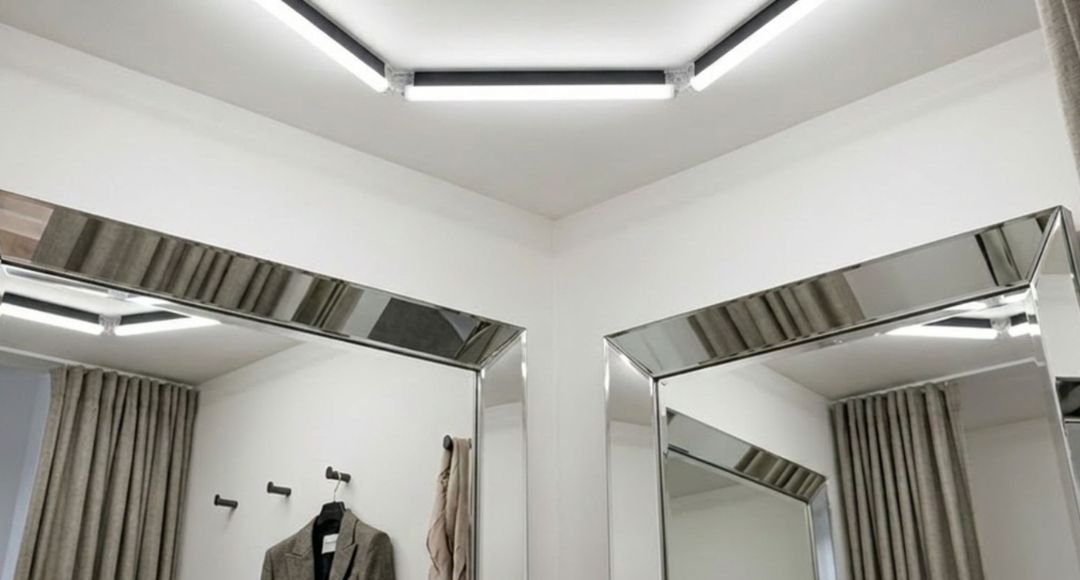 A small fitting room with mirrors and a bright set of ceiling lights.
