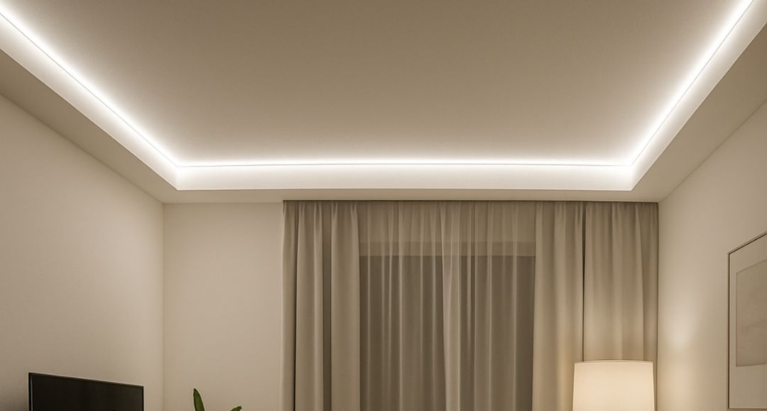 Modern home ceiling with LED strip light lining.