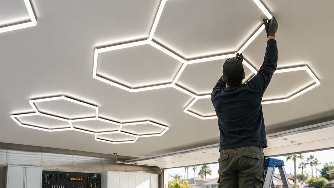 A man installing hexagon LED lights in a garage