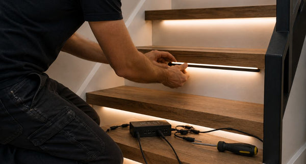 A person installing a stair light bar.