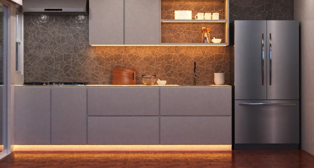 Modern minimalist kitchen illuminated by multiple warm LED strip lights in shelving, under cabinet, and plinth.