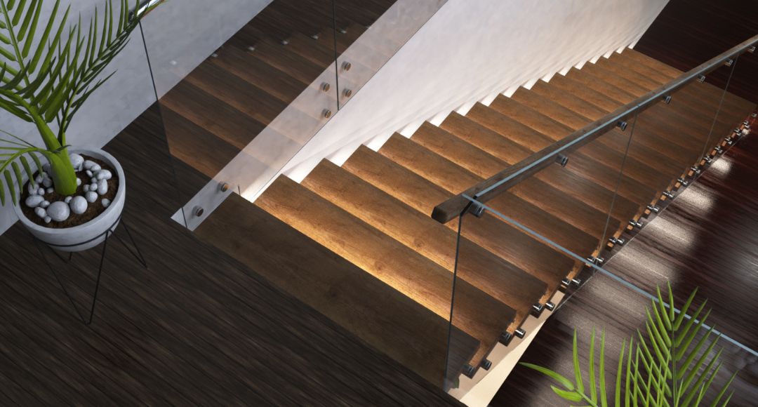 Wooden stairs with each step illuminated by LED strip light.