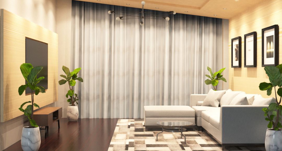 A bright modern living room with a hanging multi-bulb pendant light at the centre.