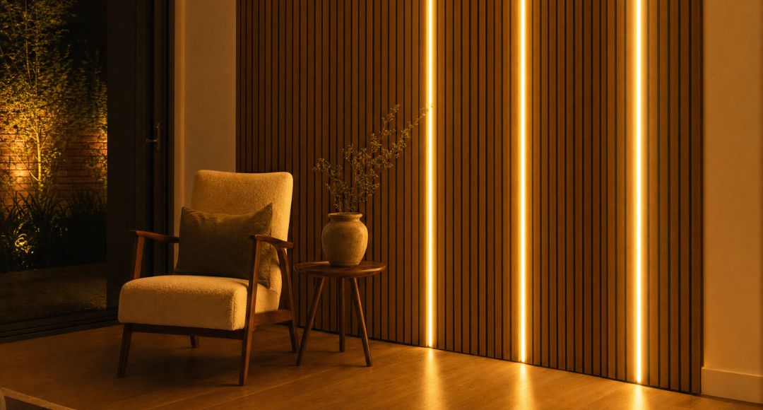 A dark living room illuminated only by three LED neon slat lights along a slat wall panel installation.