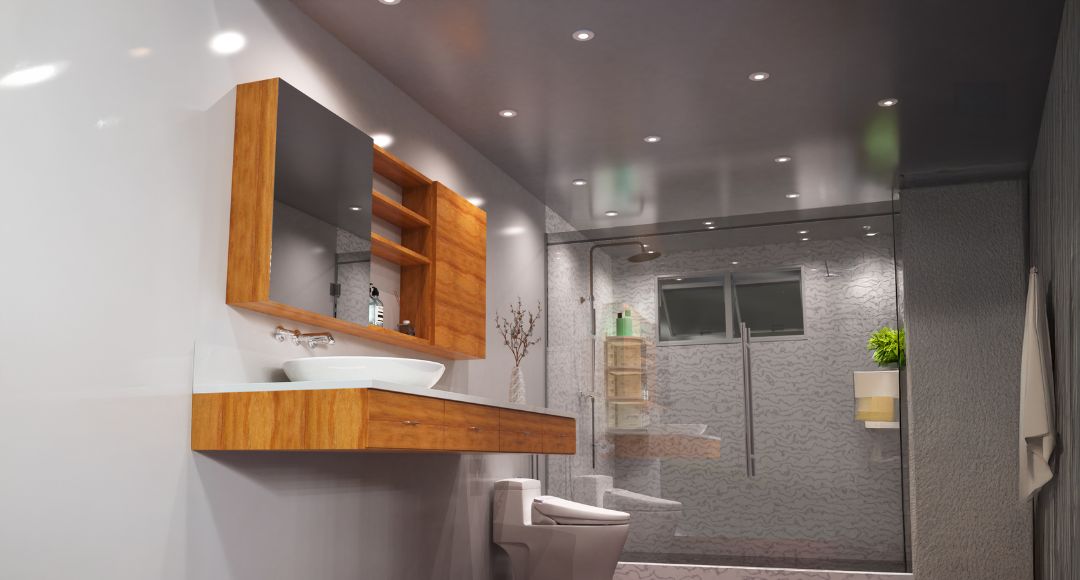 Modern bathroom with ceiling installed with LED downlights.