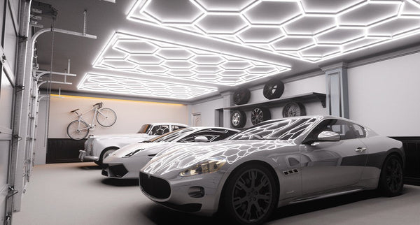 garage with hexagon lights