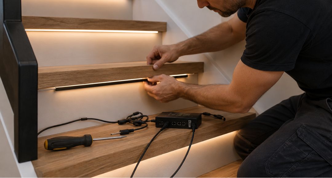 A man installing warm LED stair lights.