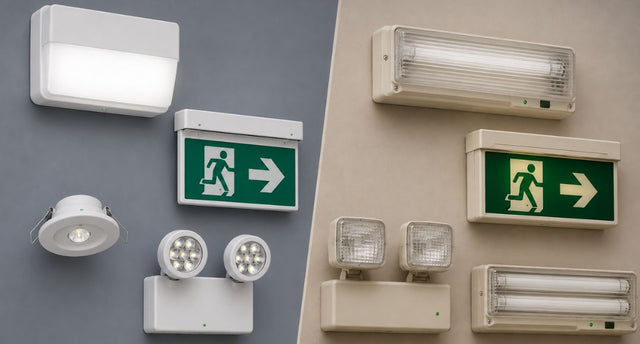 A side by side of modern and traditional emergency lights and exit signs.