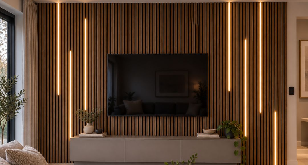 A TV inside the living room with acoustic slat wall behind it, with portions of some grooves illuminated by LED neon slat lights.