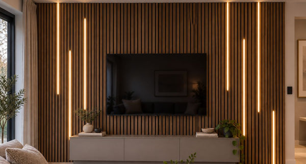A TV inside the living room with acoustic slat wall behind it, with portions of some grooves illuminated by LED neon slat lights.