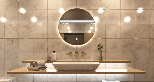 A round bathroom LED mirror installed above the sink area with a warm white glow behind it.