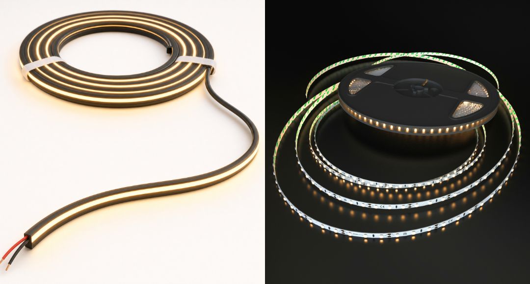 A split image of an LED neon slat light and an LED strip light.