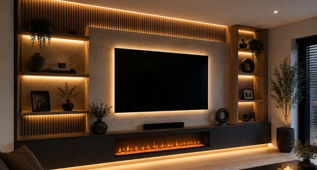 Modern media wall with warm LED strip lighting behind the TV and along the shelves and coving.