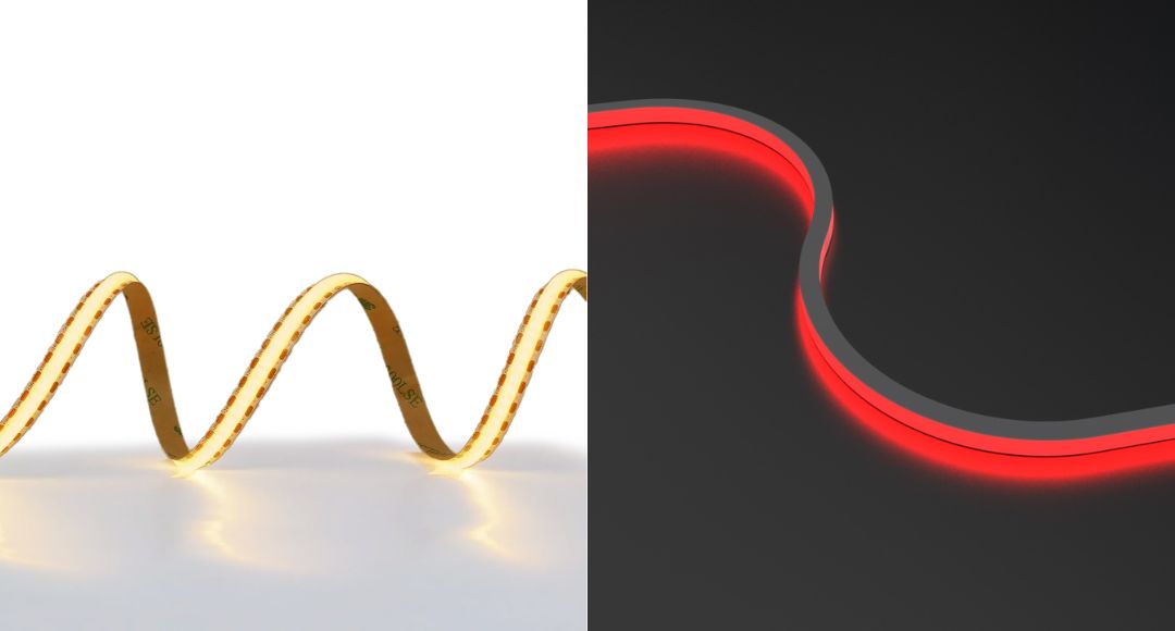 Warm COB LED strip light to the left, and LED neon flex to the right with a red glow.
