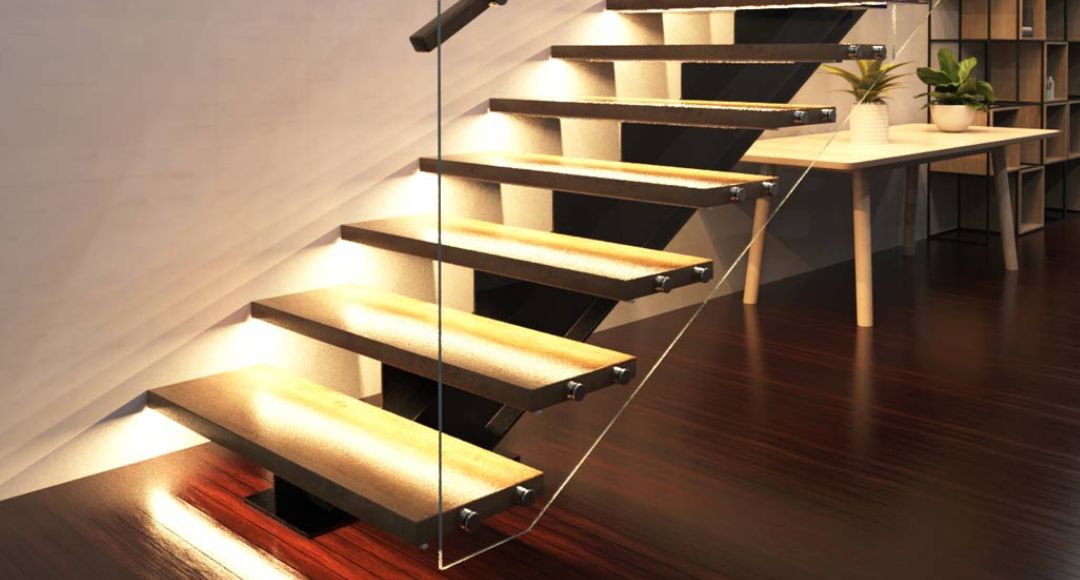 A modern wooden staircase with warm white light bars on each step.