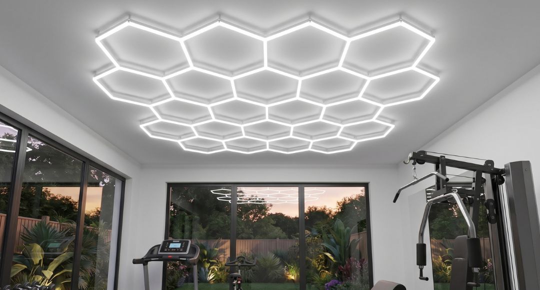 A home gym with a 22-hex hexagon lighting setup installed on the ceiling for expansive illumination.