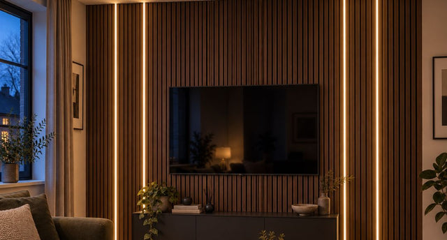 A media wall with slatted wall panels with four grooves illuminated by warm white LED neon lights.
