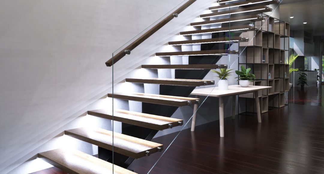 Bright modern staircase with cool white light strips under every step.