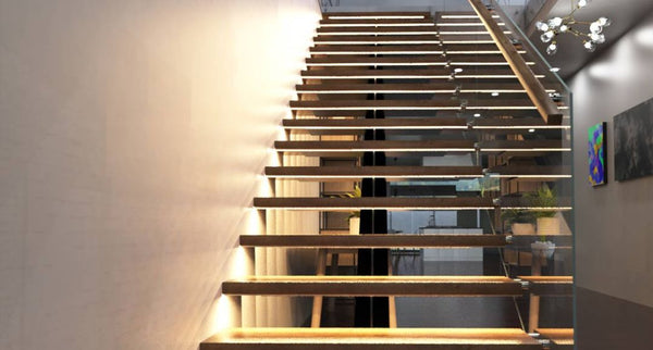 Modern stair setup with warm lights