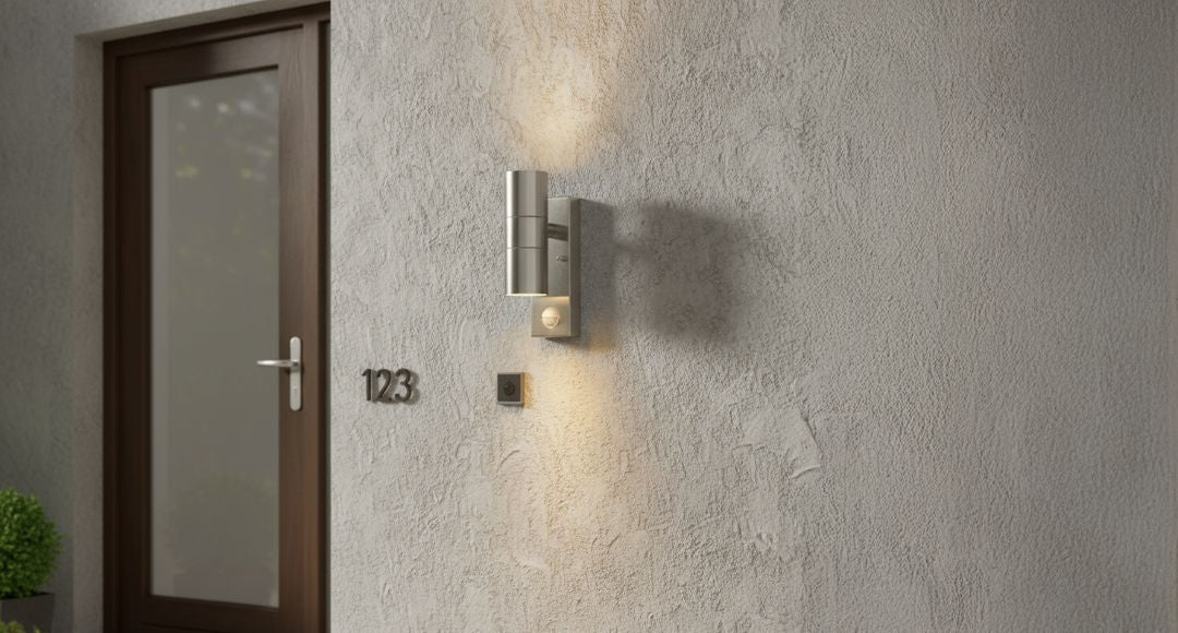 A single outdoor wall light with warm white light installed to the right of a building's wood and glass door.