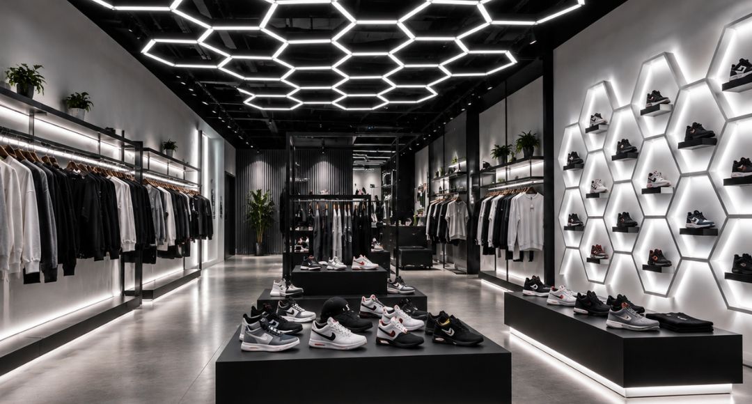 A retail space with dark ceiling contrasted by white hexagon lights and indirect wall lights.