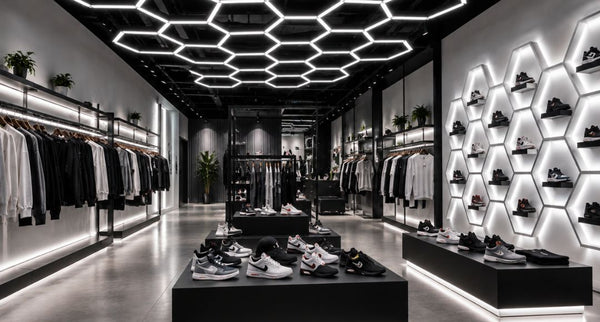 A retail space with dark ceiling contrasted by white hexagon lights and indirect wall lights.