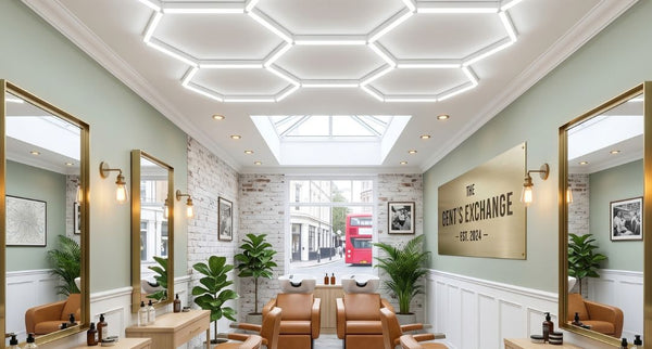 A bright modern salon with hexagon lights as its main ceiling light source.
