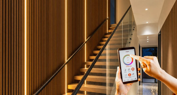 stairs with a hand holding a smart phone
