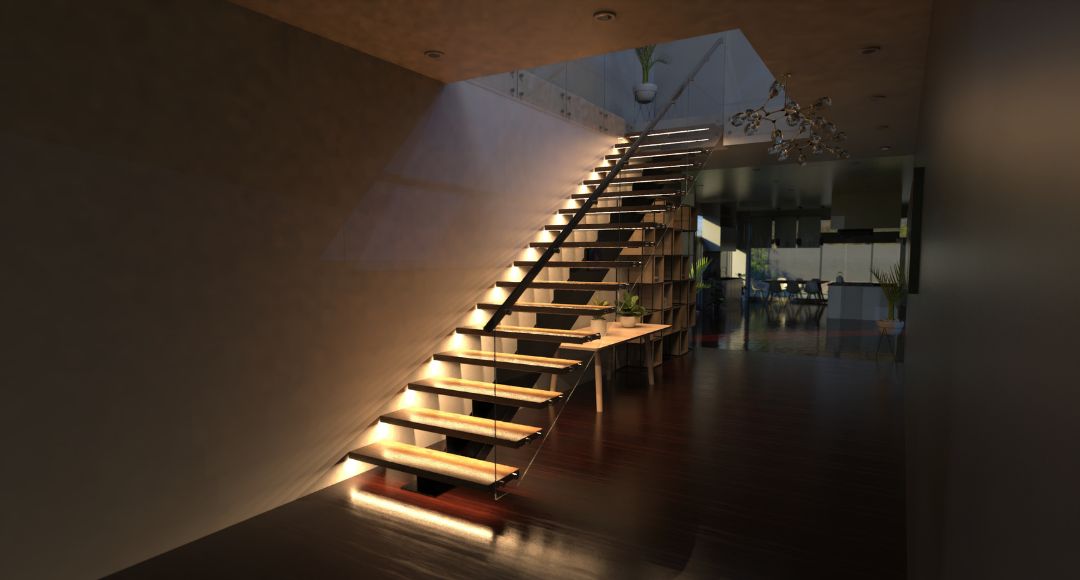 A wooden staircase with stair lighting using warm white trmperature.