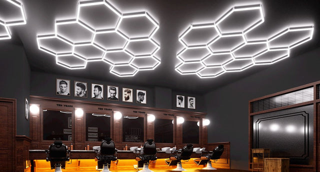 barber shop with hexagon lights
